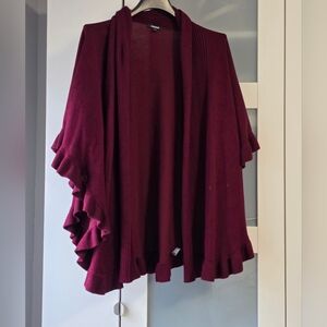 Premise Burgundy Ruffle-Trim Open Cardigan
